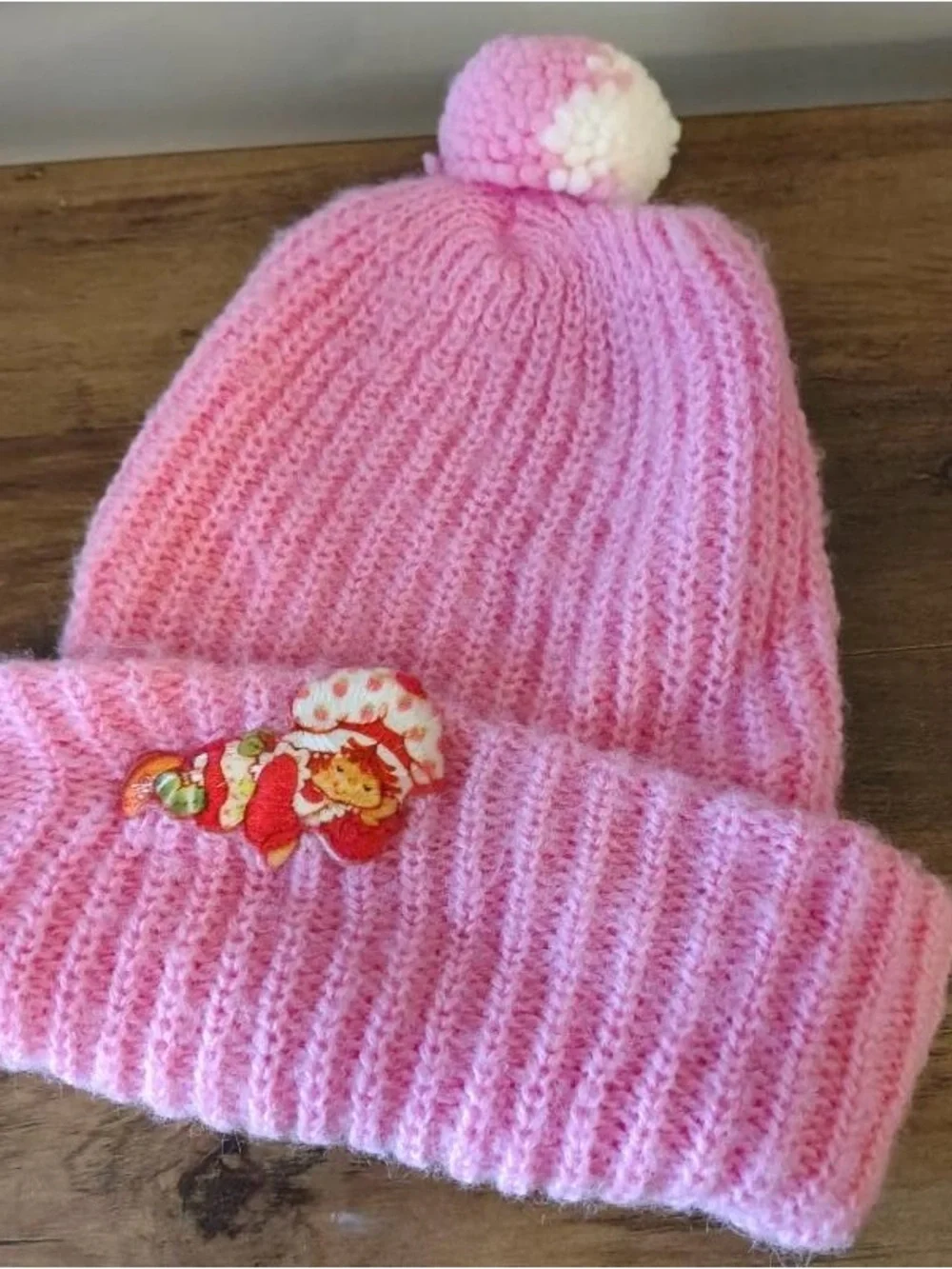 Vtg 80s Knit Strawberry Shortcake Beanie Pom Pom Sock Hat Pink